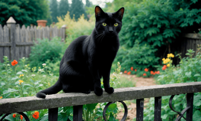 Gato negro sentado en el jardín 