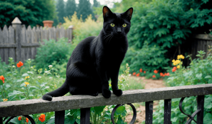 Gato negro sentado en el jardín 